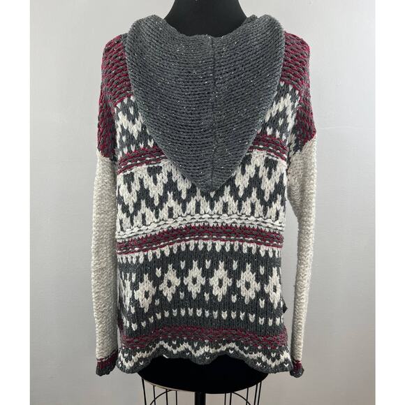 Free People White Gray Red Fair Isle Print V-Neck Knit Hooded Sweater M Medium - Picture 4 of 6